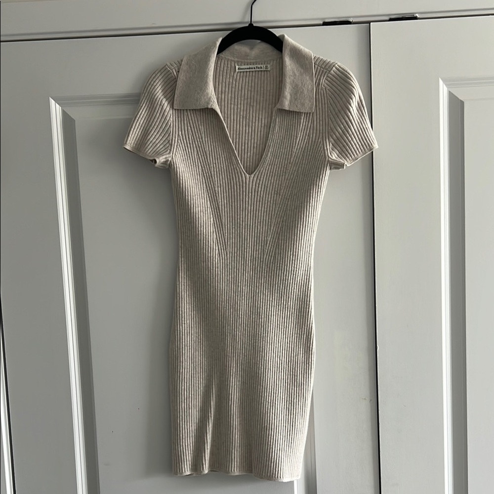 Abercrombie & Fitch Cream Ribbed Collared Mini Dress